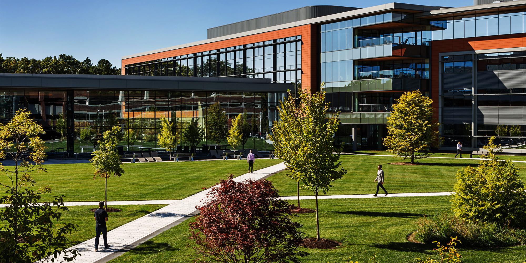 People walking outside Mathworks lakeside campus